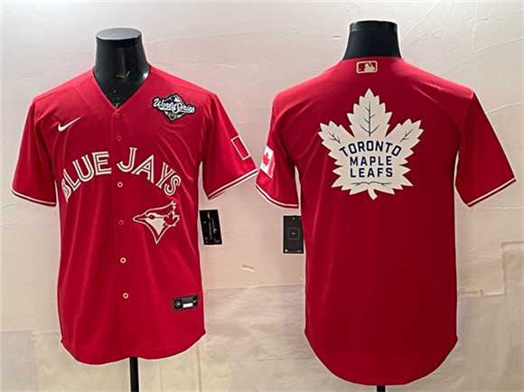 Men's Toronto Blue Jays & Leafs Red 2025 World Series With White Leafs Logo Cool Base Stitched Jersey,We sell and wholesale Men's Toronto Blue Jays & Leafs Red 2025 World Series With White Leafs Logo Cool Base Stitched Jersey on line form chian!