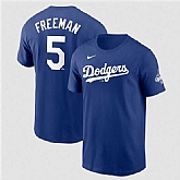 Men's Los Angeles Dodgers #5 Freddie Freeman Royal 2025 World Series Champions Name & Number T-Shirt,baseball caps,new era cap wholesale,wholesale hats