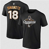 Men's Los Angeles Dodgers #18 Yoshinobu Yamamoto Black 2025 World Series Champions Name & Number T-Shirt,baseball caps,new era cap wholesale,wholesale hats