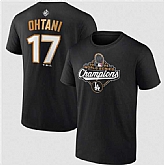 Men's Los Angeles Dodgers #17 Shohei Ohtani Black 2025 World Series Champions Name & Number T-Shirt,baseball caps,new era cap wholesale,wholesale hats