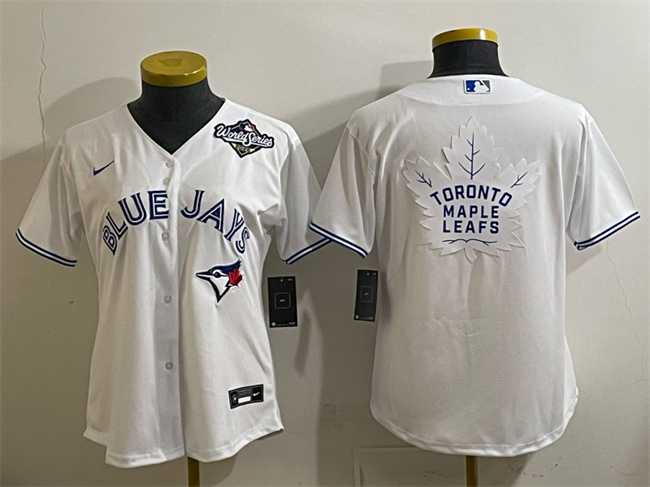 Women's Toronto Blue Jays & Leafs White 2025 World Series With White Leafs Logo Cool Base Stitched Jersey(Run Small),We sell and wholesale Women's Toronto Blue Jays & Leafs White 2025 World Series With White Leafs Logo Cool Base Stitched Jersey(Run Small) on line form chian!
