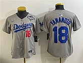 Youth Los Angeles Dodgers #18 Yoshinobu Yamamoto Grey 2025 World Series Patch Limited Stitched Jersey,baseball caps,new era cap wholesale,wholesale hats