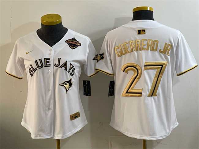 Women's Toronto Blue Jays #27 Vladimir Guerrero Jr. White Gold 2025 American League Champions Limited Stitched Jersey Dzhi,We sell and wholesale Women's Toronto Blue Jays #27 Vladimir Guerrero Jr. White Gold 2025 American League Champions Limited Stitched Jersey Dzhi on line form chian!