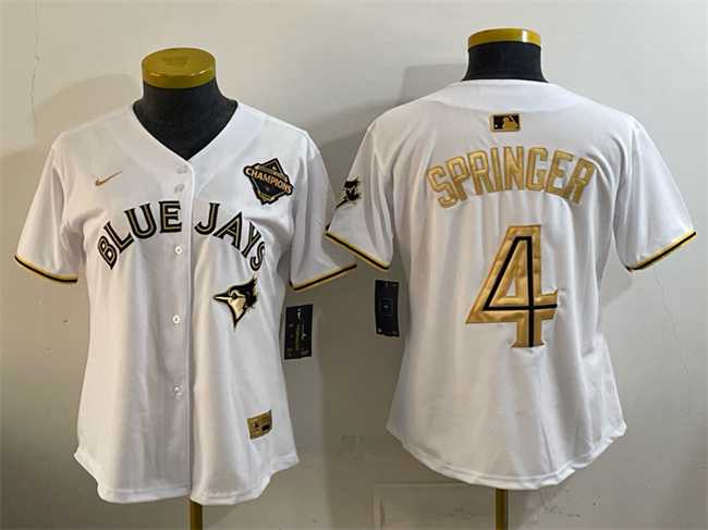 Women's Toronto Blue Jays #4 George Springer White Gold 2025 American League Champions Limited Stitched Jersey Dzhi,We sell and wholesale Women's Toronto Blue Jays #4 George Springer White Gold 2025 American League Champions Limited Stitched Jersey Dzhi on line form chian!