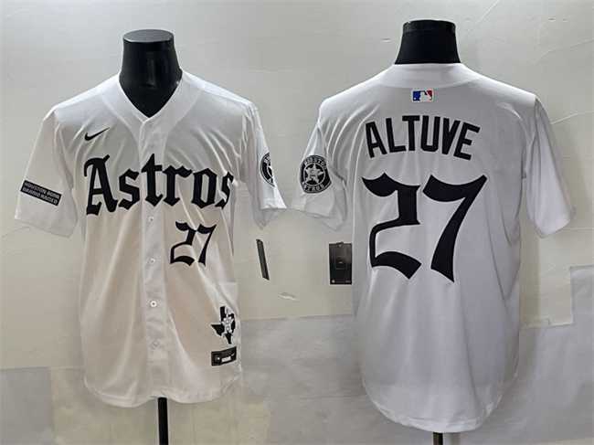 Men's Houston Astros #27 Jose Altuve White Gothic 'Houston Born Barrio Raised' Limited Stitched Baseball Jersey,We sell and wholesale Men's Houston Astros #27 Jose Altuve White Gothic 'Houston Born Barrio Raised' Limited Stitched Baseball Jersey on line form chian!