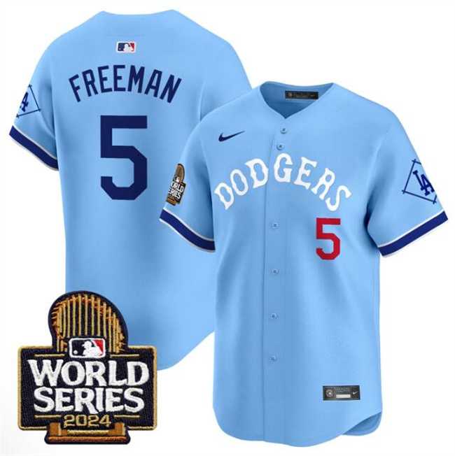 Men's Los Angeles Dodgers #5 Freddie Freeman Blue With 2024 World Series Patch Vapor Premier Limited Stitched Baseball Jersey Dzhi,We sell and wholesale Men's Los Angeles Dodgers #5 Freddie Freeman Blue With 2024 World Series Patch Vapor Premier Limited Stitched Baseball Jersey Dzhi on line form chian!