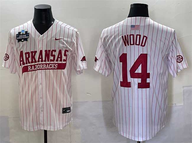 Men's Arkansas Razorbacks #14 Gage Wood White Pinstripe 2025 World Series & SEC Patch Stitched Jersey,We sell and wholesale Men's Arkansas Razorbacks #14 Gage Wood White Pinstripe 2025 World Series & SEC Patch Stitched Jersey on line form chian!