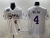 Men's LSU Tigers #4 Steven Milam White Pinstripe 2025 World Series & SEC Patch Stitched Baseball Jersey,baseball caps,new era cap wholesale,wholesale hats