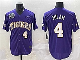 Men's LSU Tigers #4 Steven Milam Purple 2025 World Series & SEC Patch Stitched Baseball Jersey,baseball caps,new era cap wholesale,wholesale hats