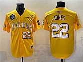 Men's LSU Tigers #22 Jared Jones Gold 2025 World Series & SEC Patch Stitched Baseball Jersey,baseball caps,new era cap wholesale,wholesale hats