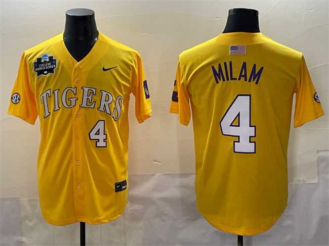 Men's LSU Tigers #4 Steven Milam Gold 2025 World Series & SEC Patch Stitched Baseball Jersey,We sell and wholesale Men's LSU Tigers #4 Steven Milam Gold 2025 World Series & SEC Patch Stitched Baseball Jersey on line form chian!