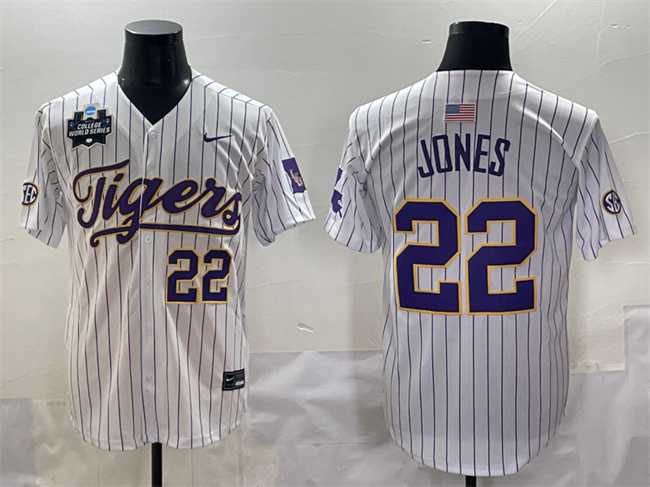 Men's LSU Tigers #22 Jared Jones White Pinstripe 2025 World Series & SEC Patch Stitched Baseball Jersey,We sell and wholesale Men's LSU Tigers #22 Jared Jones White Pinstripe 2025 World Series & SEC Patch Stitched Baseball Jersey on line form chian!
