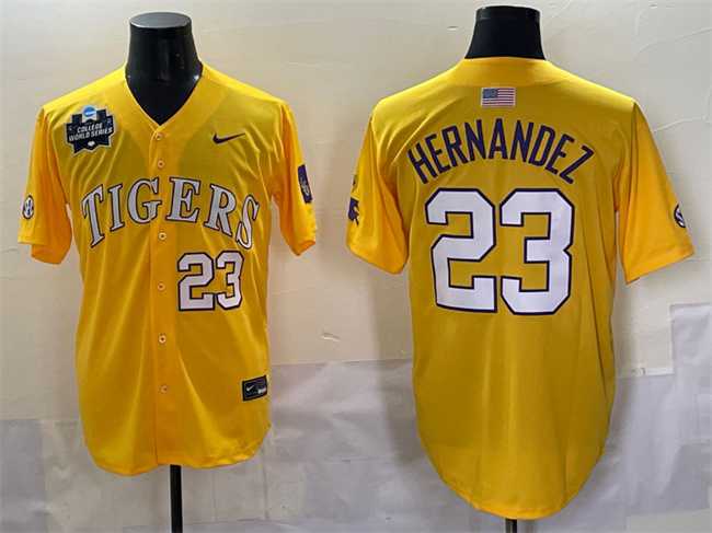 Men's LSU Tigers #23 Luis Hernandez Gold 2025 World Series & SEC Patch Stitched Baseball Jersey,We sell and wholesale Men's LSU Tigers #23 Luis Hernandez Gold 2025 World Series & SEC Patch Stitched Baseball Jersey on line form chian!