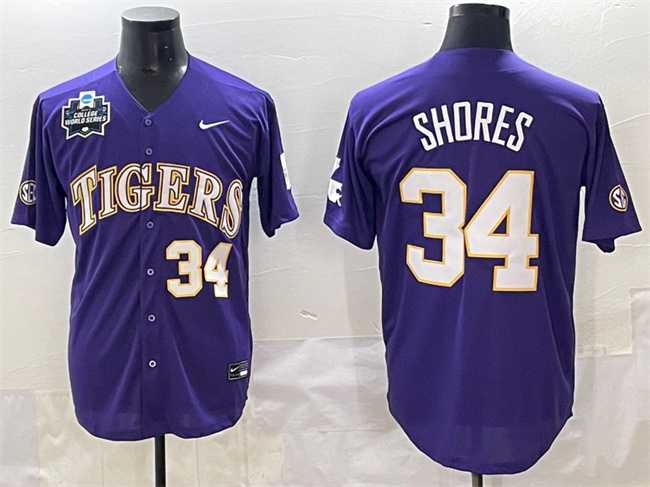 Men's LSU Tigers #34 Chase Shores Purple 2025 World Series & SEC Patch Stitched Baseball Jersey,We sell and wholesale Men's LSU Tigers #34 Chase Shores Purple 2025 World Series & SEC Patch Stitched Baseball Jersey on line form chian!