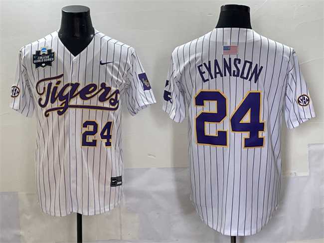 Men's LSU Tigers #24 Anthony Eyanson White Pinstripe 2025 World Series & SEC Patch Stitched Baseball Jersey,We sell and wholesale Men's LSU Tigers #24 Anthony Eyanson White Pinstripe 2025 World Series & SEC Patch Stitched Baseball Jersey on line form chian!
