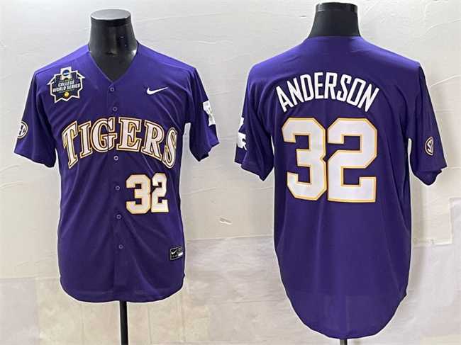 Men's LSU Tigers #32 Kade Anderson Purple 2025 World Series & SEC Patch Stitched Baseball Jersey,We sell and wholesale Men's LSU Tigers #32 Kade Anderson Purple 2025 World Series & SEC Patch Stitched Baseball Jersey on line form chian!