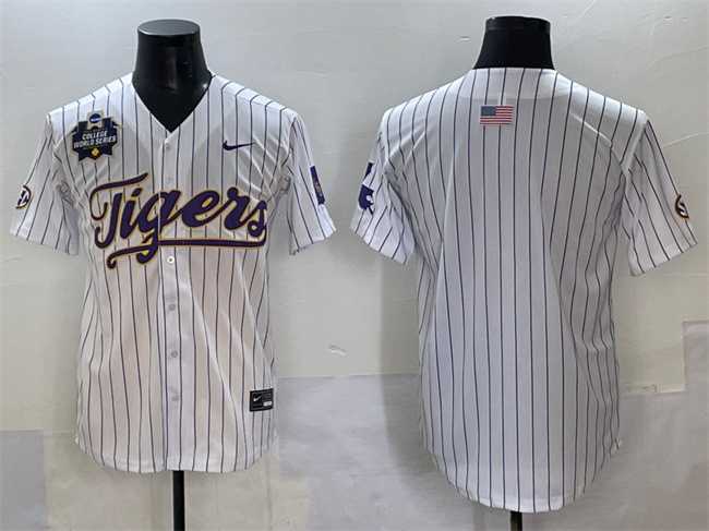 Men's LSU Tigers Blank White Pinstripe 2025 World Series & SEC Patch Stitched Baseball Jersey,We sell and wholesale Men's LSU Tigers Blank White Pinstripe 2025 World Series & SEC Patch Stitched Baseball Jersey on line form chian!