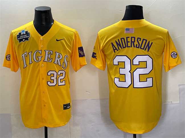 Men's LSU Tigers #32 Kade Anderson Gold 2025 World Series & SEC Patch Stitched Baseball Jersey,We sell and wholesale Men's LSU Tigers #32 Kade Anderson Gold 2025 World Series & SEC Patch Stitched Baseball Jersey on line form chian!