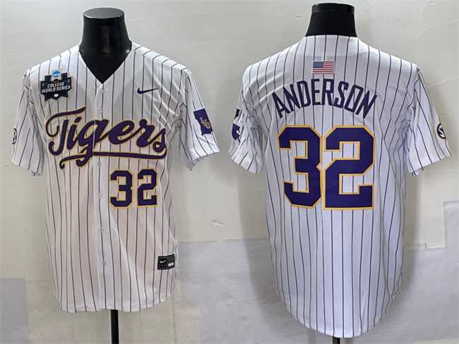 Men's LSU Tigers #32 Kade Anderson White Pinstripe 2025 World Series & SEC Patch Stitched Baseball Jersey,We sell and wholesale Men's LSU Tigers #32 Kade Anderson White Pinstripe 2025 World Series & SEC Patch Stitched Baseball Jersey on line form chian!