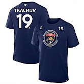 Men's Florida Panthers #19 Matthew Tkachuk Navy 2025 Stanley Cup Final Pro Name & Number T-Shirt,baseball caps,new era cap wholesale,wholesale hats