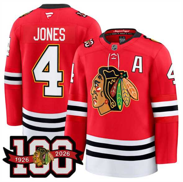 Men's Chicago Blackhawks #4 Seth Jones Red 2025 Home 100th Anniversary With A Patch Stitched Hockey Jersey Dzhi,We sell and wholesale Men's Chicago Blackhawks #4 Seth Jones Red 2025 Home 100th Anniversary With A Patch Stitched Hockey Jersey Dzhi on line form chian!