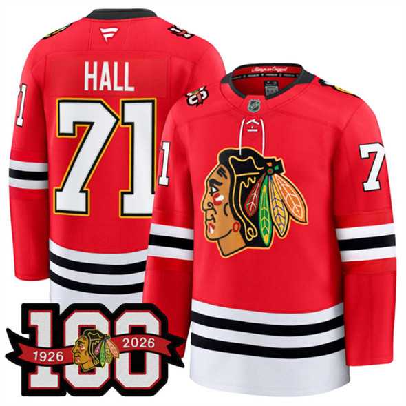 Men's Chicago Blackhawks #71 Taylor Hall Red 2025 Home 100th Anniversary Stitched Hockey Jersey Dzhi,We sell and wholesale Men's Chicago Blackhawks #71 Taylor Hall Red 2025 Home 100th Anniversary Stitched Hockey Jersey Dzhi on line form chian!