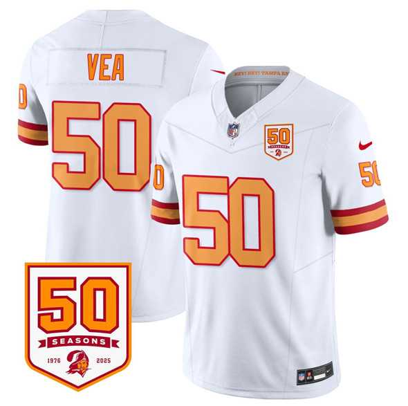 Men & Women & Youth Tampa Bay Buccaneers #50 Vita Vea White 2025 F.U.S.E. 50th Anniversary Patch Vapor Limited Stitched Jersey,We sell and wholesale Men & Women & Youth Tampa Bay Buccaneers #50 Vita Vea White 2025 F.U.S.E. 50th Anniversary Patch Vapor Limited Stitched Jersey on line form chian!