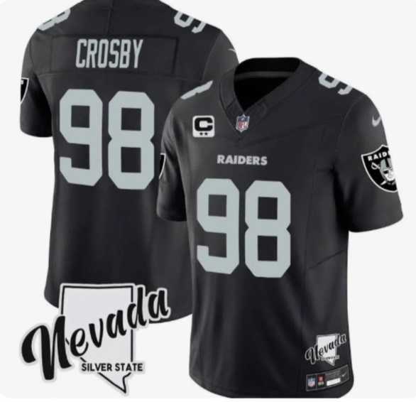 Men & Women & Youth Las Vegas Raiders #98 Maxx Crosby Black 2024 F.U.S.E With Nevada Silver Stat Patch And 3-Star C Patch Stitched Jersey,We sell and wholesale Men & Women & Youth Las Vegas Raiders #98 Maxx Crosby Black 2024 F.U.S.E With Nevada Silver Stat Patch And 3-Star C Patch Stitched Jersey on line form chian!