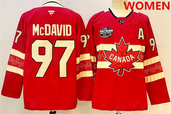 Women's Canada #97 Connor McDavid Red 2025 4 Nations Face-Off Premium With A Patch Stitched Jersey,We sell and wholesale Women's Canada #97 Connor McDavid Red 2025 4 Nations Face-Off Premium With A Patch Stitched Jersey on line form chian!