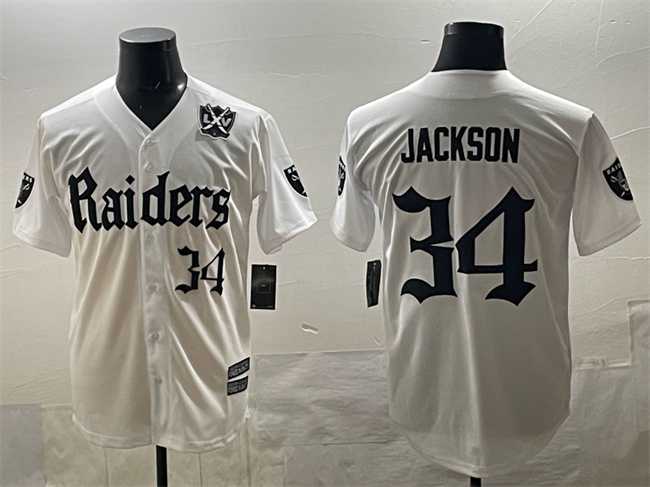 Men's Las Vegas Raiders #34 Bo Jackson White 'Gothic Sin City Shadows Edition' With 65th Anniversary Patch Vapor Limited Stitched Baseball Jersey,We sell and wholesale Men's Las Vegas Raiders #34 Bo Jackson White 'Gothic Sin City Shadows Edition' With 65th Anniversary Patch Vapor Limited Stitched Baseball Jersey on line form chian!