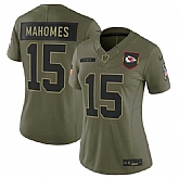 Women's Kansas City Chiefs #15 Patrick Mahomes Olive 2025 Salute to Service Limited Stitched Jersey Dyin