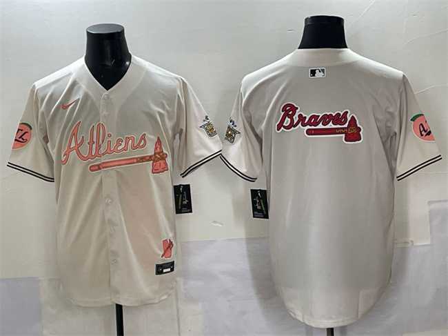 Men's Atlanta Braves Team Big Logo Cream 2024 Atliens & Peach With Outkast Patch Vapor Limited Stitched Jersey,We sell and wholesale Men's Atlanta Braves Team Big Logo Cream 2024 Atliens & Peach With Outkast Patch Vapor Limited Stitched Jersey on line form chian!