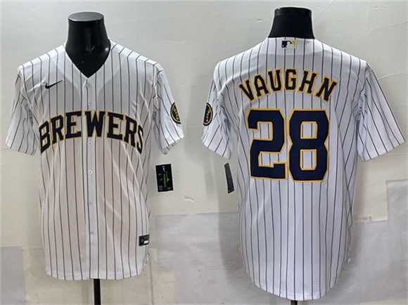 Men's Milwaukee Brewers #28 Andrew Vaughn White Pinstripe 2025 With Patch Stitched Jersey,We sell and wholesale Men's Milwaukee Brewers #28 Andrew Vaughn White Pinstripe 2025 With Patch Stitched Jersey on line form chian!