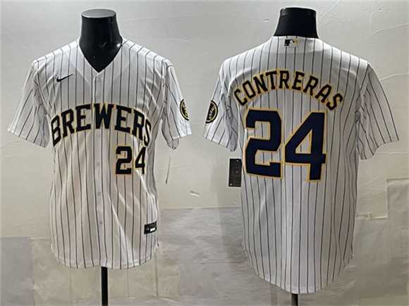 Men's Milwaukee Brewers #24 William Contreras White Pinstripe 2025 With Patch Stitched Stitched Jersey,We sell and wholesale Men's Milwaukee Brewers #24 William Contreras White Pinstripe 2025 With Patch Stitched Stitched Jersey on line form chian!