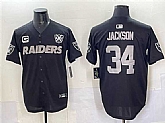 Men's Las Vegas Raiders #34 Bo Jackson Black With Nevada Silver Stat Patch And 65th Anniversary Patch 3-Star C Patch Stitched Baseball Jersey,baseball caps,new era cap wholesale,wholesale hats
