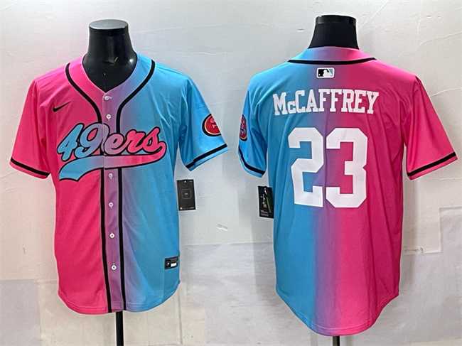 Men's San Francisco 49ers #23 Christian McCaffrey Pink Blue Limited Stitched Baseball Jersey,We sell and wholesale Men's San Francisco 49ers #23 Christian McCaffrey Pink Blue Limited Stitched Baseball Jersey on line form chian!