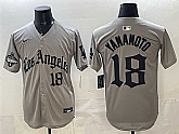 Men's Los Angeles Dodgers #18 Yoshinobu Yamamoto Grey LA Gothic Style With 2025 World Series Champions Patch Limited Stitched Jersey Dzhi,baseball caps,new era cap wholesale,wholesale hats