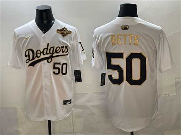Men's Los Angeles Dodgers #50 Mookie Betts White Gold 2025 World Series Patch Limited Stitched Jersey Dzhi,We sell and wholesale Men's Los Angeles Dodgers #50 Mookie Betts White Gold 2025 World Series Patch Limited Stitched Jersey Dzhi on line form chian!