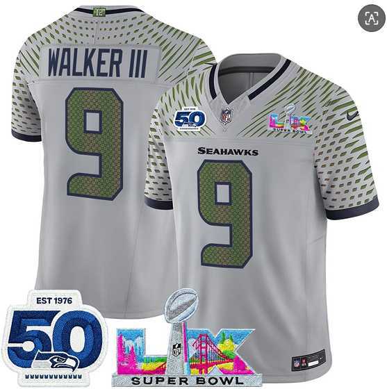 Men's Seattle Seahawks #9 Kenneth Walker III Gray 2025 F.U.S.E. Super Bowl LX Patch And 50th Season Patch 'Rivalries' Vapor Limited Stitched Jersey,We sell and wholesale Men's Seattle Seahawks #9 Kenneth Walker III Gray 2025 F.U.S.E. Super Bowl LX Patch And 50th Season Patch 'Rivalries' Vapor Limited Stitched Jersey on line form chian!