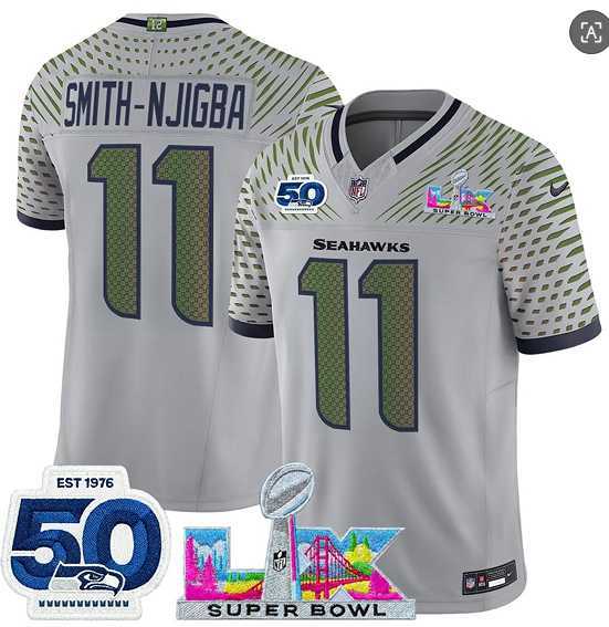 Men's Seattle Seahawks #11 Jaxon Smith-Njigba Gray 2025 F.U.S.E. Super Bowl LX Patch And 50th Season Patch 'Rivalries' Vapor Limited Stitched Jersey,We sell and wholesale Men's Seattle Seahawks #11 Jaxon Smith-Njigba Gray 2025 F.U.S.E. Super Bowl LX Patch And 50th Season Patch 'Rivalries' Vapor Limited Stitched Jersey on line form chian!