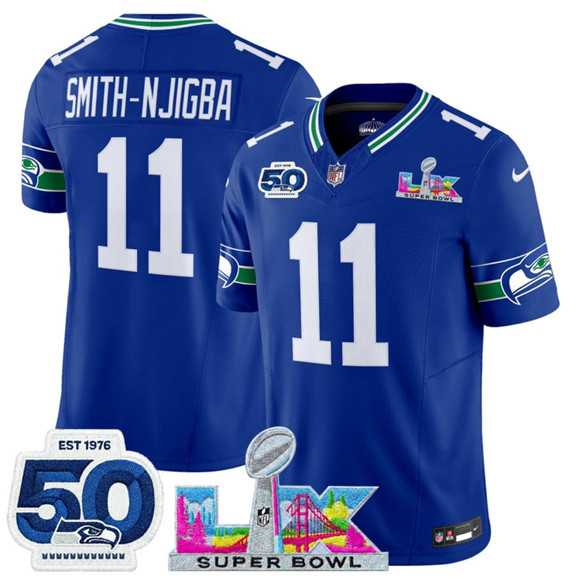 Men's Seattle Seahawks #11 Jaxon Smith-Njigba Royal 2025 F.U.S.E. Super Bowl LX Patch And 50th Season Patch Vapor Throwback Limited Stitched Jersey,We sell and wholesale Men's Seattle Seahawks #11 Jaxon Smith-Njigba Royal 2025 F.U.S.E. Super Bowl LX Patch And 50th Season Patch Vapor Throwback Limited Stitched Jersey on line form chian!