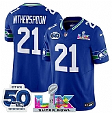Men's Seattle Seahawks #21 Devon Witherspoon Royal 2025 F.U.S.E. Super Bowl LX Patch And 50th Season Patch Vapor Throwback Limited Stitched Jersey,baseball caps,new era cap wholesale,wholesale hats