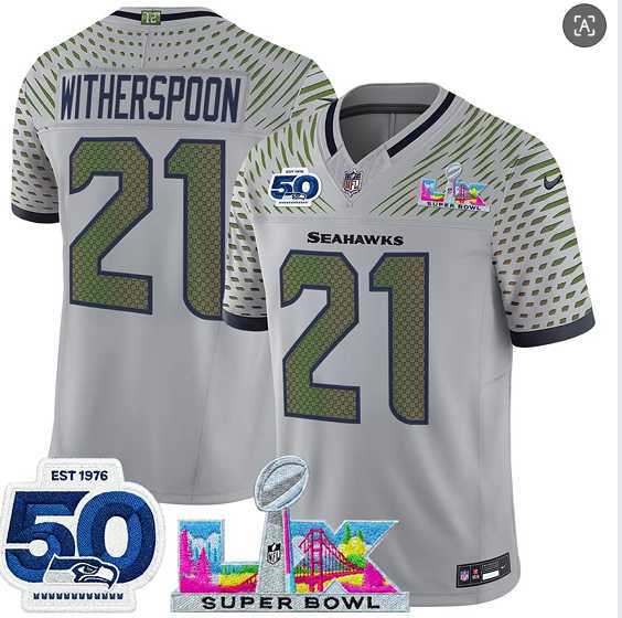 Men's Seattle Seahawks #21 Devon Witherspoon Gray 2025 F.U.S.E. Super Bowl LX Patch And 50th Season Patch 'Rivalries' Vapor Limited Stitched Jersey,We sell and wholesale Men's Seattle Seahawks #21 Devon Witherspoon Gray 2025 F.U.S.E. Super Bowl LX Patch And 50th Season Patch 'Rivalries' Vapor Limited Stitched Jersey on line form chian!