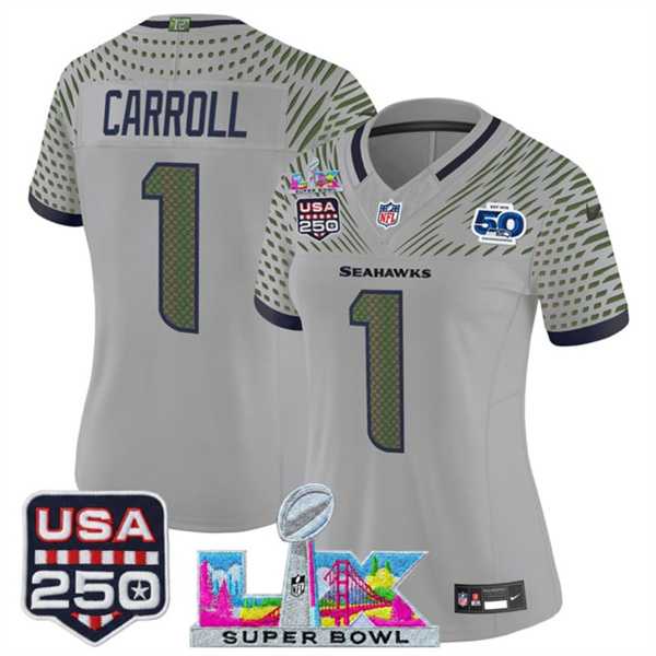Women's Seattle Seahawks #1 Pete Carroll Gray 2025 F.U.S.E. Super Bowl LX & US 250th anniversary Patch And 50th Season Patch Rivalries Vapor Limited Stitched Jersey,We sell and wholesale Women's Seattle Seahawks #1 Pete Carroll Gray 2025 F.U.S.E. Super Bowl LX & US 250th anniversary Patch And 50th Season Patch Rivalries Vapor Limited Stitched Jersey on line form chian!
