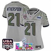 Women's Seattle Seahawks #21 Devon Witherspoon Gray 2025 F.U.S.E. Super Bowl LX & US 250th anniversary Patch And 50th Season Patch Rivalries Vapor Limited Stitched Jersey,baseball caps,new era cap wholesale,wholesale hats