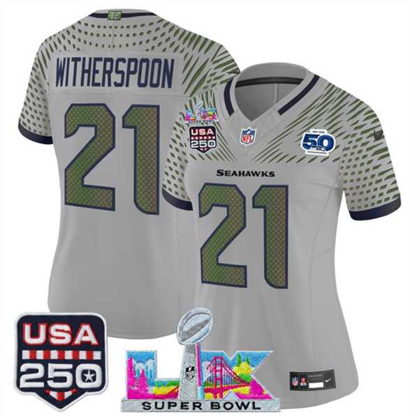 Women's Seattle Seahawks #21 Devon Witherspoon Gray 2025 F.U.S.E. Super Bowl LX & US 250th anniversary Patch And 50th Season Patch Rivalries Vapor Limited Stitched Jersey,We sell and wholesale Women's Seattle Seahawks #21 Devon Witherspoon Gray 2025 F.U.S.E. Super Bowl LX & US 250th anniversary Patch And 50th Season Patch Rivalries Vapor Limited Stitched Jersey on line form chian!