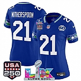 Women's Seattle Seahawks #21 Devon Witherspoon Royal 2025 F.U.S.E. Super Bowl LX Patch And 50th Season & USA 250' Patch Vapor Throwback Limited Stitched Jersey,baseball caps,new era cap wholesale,wholesale hats
