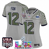 Women's Seattle Seahawks #12 Fan Gray 2025 F.U.S.E. Super Bowl LX & US 250th anniversary Patch And 50th Season Patch Rivalries Vapor Limited Stitched Jersey,baseball caps,new era cap wholesale,wholesale hats