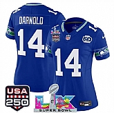 Women's Seattle Seahawks #14 Sam Darnold Royal 2025 F.U.S.E. Super Bowl LX Patch And 50th Season & USA 250' Patch Vapor Throwback Limited Stitched Jersey,baseball caps,new era cap wholesale,wholesale hats