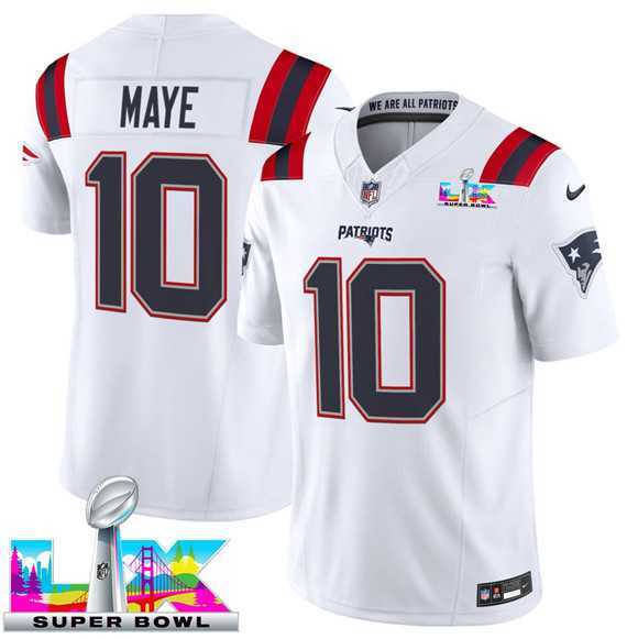 Men's New England Patriots #10 Drake Maye White 2025 F.U.S.E. Super Bowl LX Patch Vapor Limited Stitched Jersey,We sell and wholesale Men's New England Patriots #10 Drake Maye White 2025 F.U.S.E. Super Bowl LX Patch Vapor Limited Stitched Jersey on line form chian!